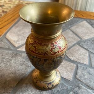 Vintage Solid Brass vase Etched Enamel Engraved